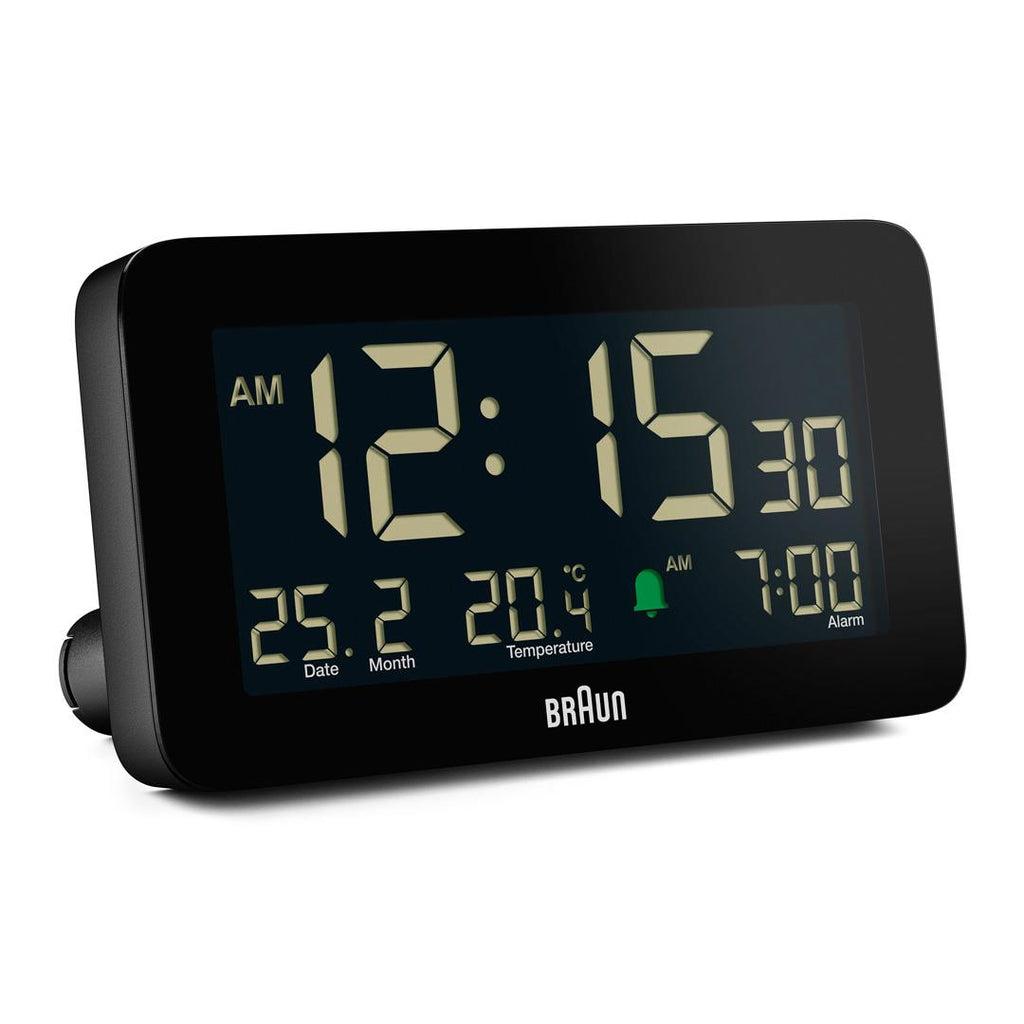 Braun BC10 digital alarm clock sort med negativt LCD-display og snooze