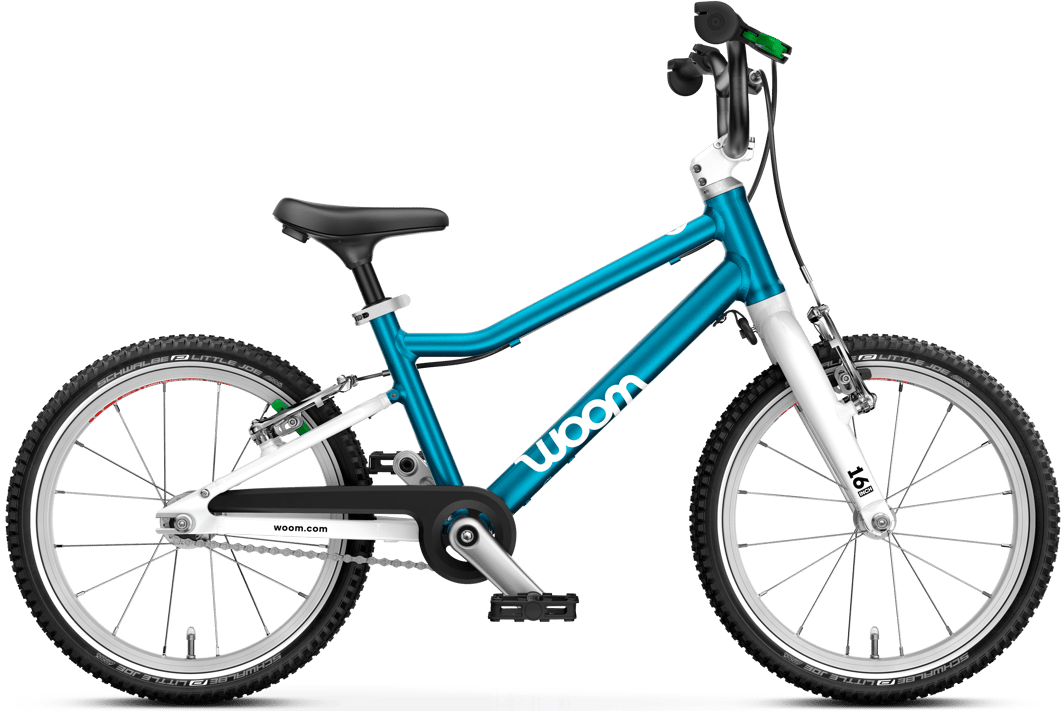 Woom GO 3 børnecykel 16 tommer i metallic blå til børn 4-6 år