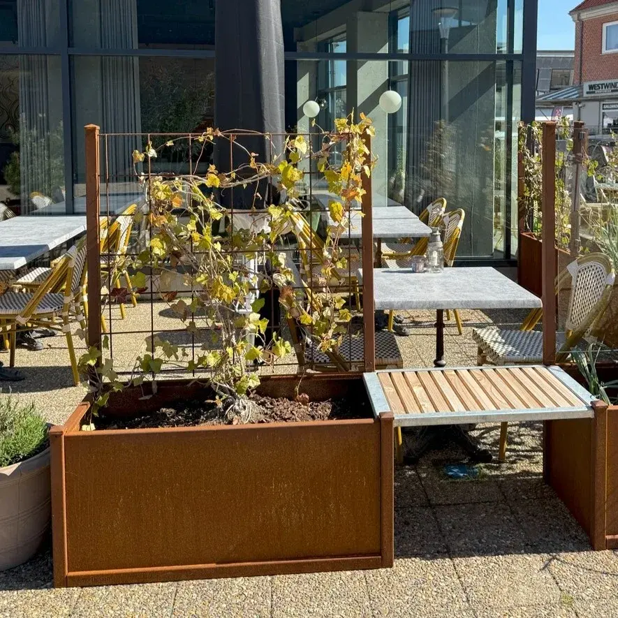 Jernbede Plantekasse i cortenstål med espalier produktbilde